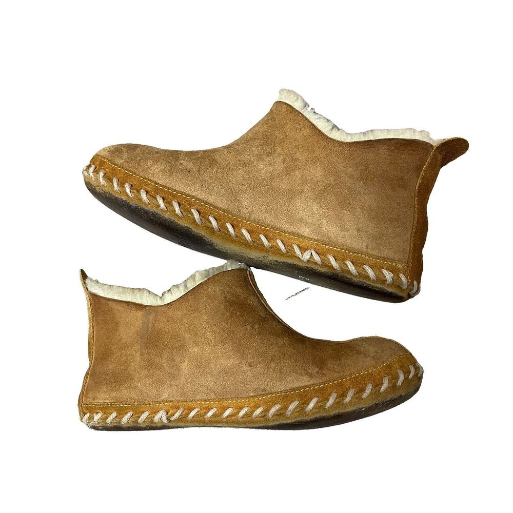 LL Bean Wicked Good Brown Suede Sheepskin Shearling Slippers Women's 8 M Slip On